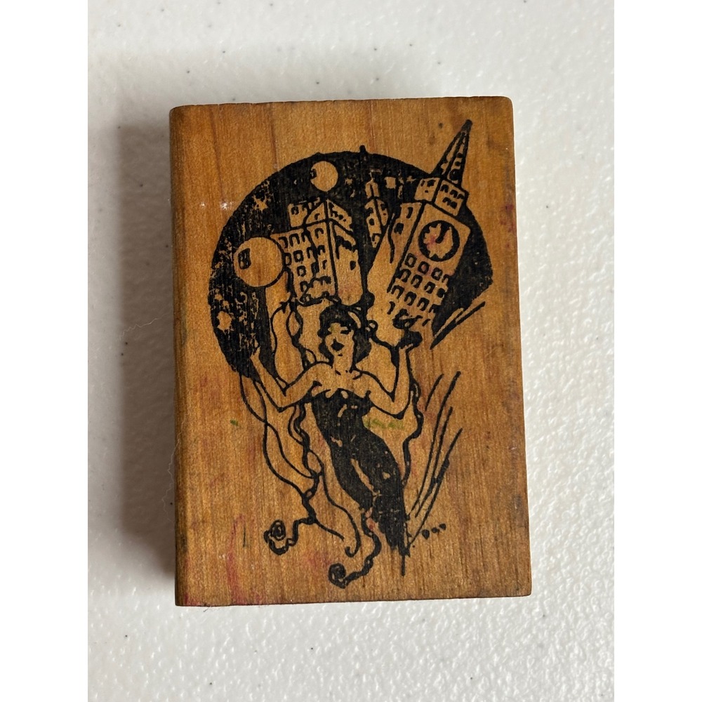 Vintage Top-Drawer Rubber Stamp Flapper Girl City Skyline Art Deco Wood Block